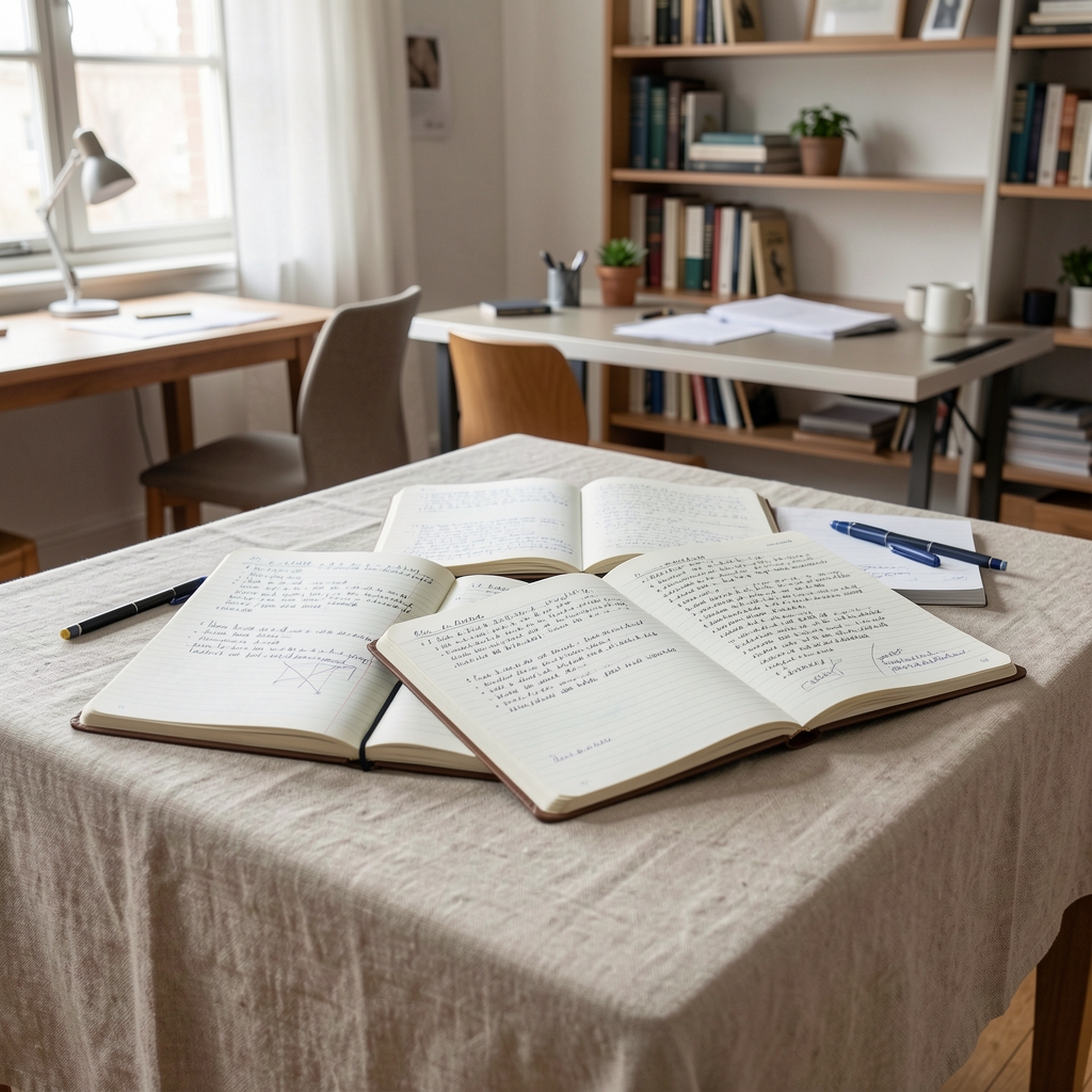 Three open reference notebooks with handwritten field notes arranged on a linen-covered table in a well-lit editorial office